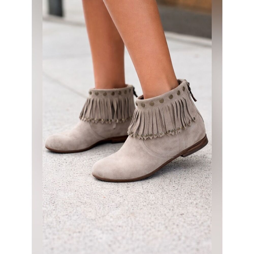 Anine Bing Suede Fringe Ankle Boots Studded Western Boho Taupe EU 37/ US 7